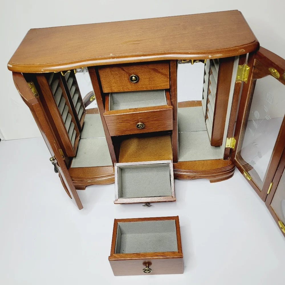 Vintage Wooden Jewelry Box Armoire Cabinet Etched Glass Doors Multiple Draws DIY